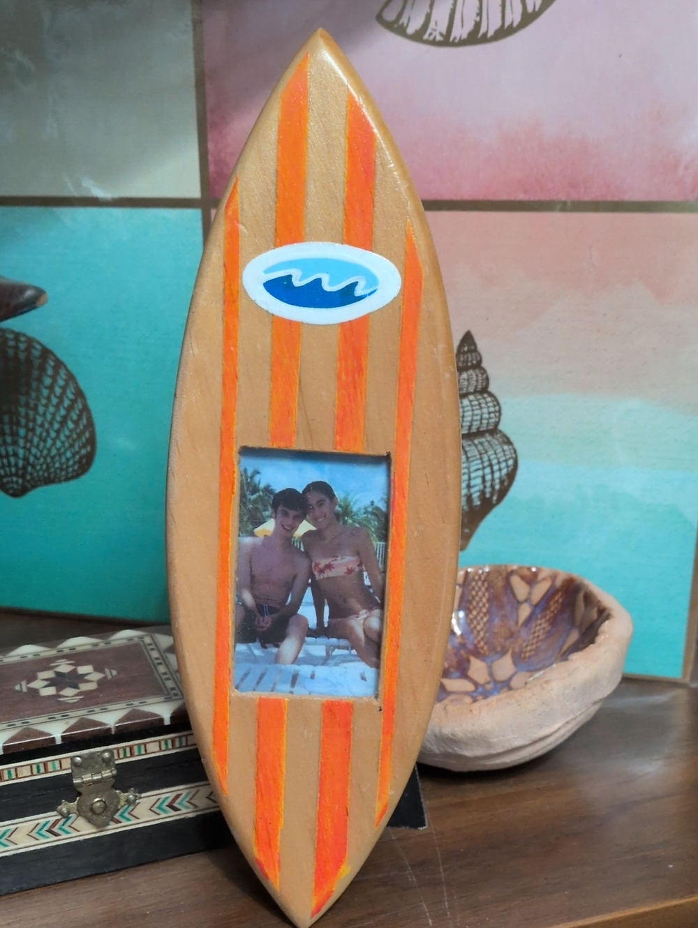 Wooden Surfboard Photo Frame - Orange Striped